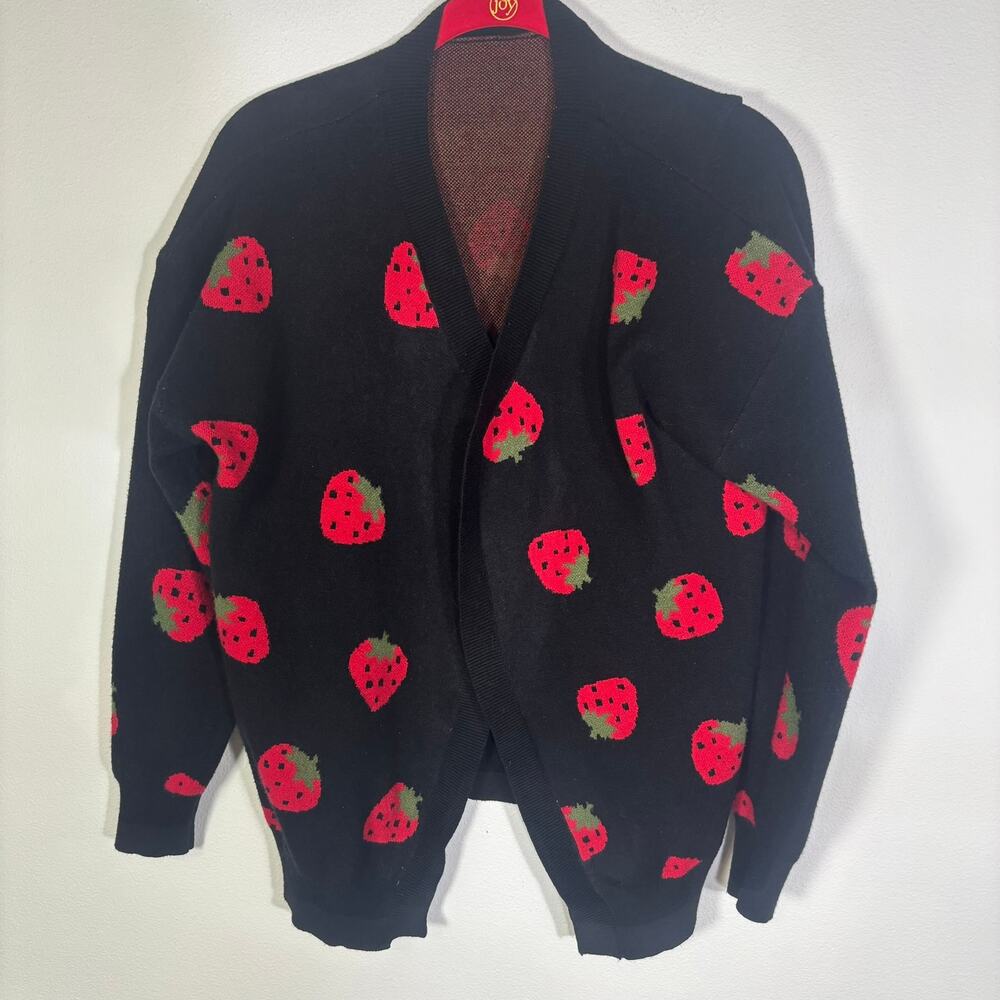 Womens XL Black Red Strawberry Print Open Front Cardigan Sweater Kawaii